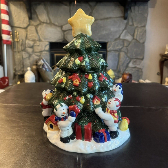 Unbranded Other - Vintage 13.5” Christmas tree Ceramic cookie jar w/snowmen presents birdhouses